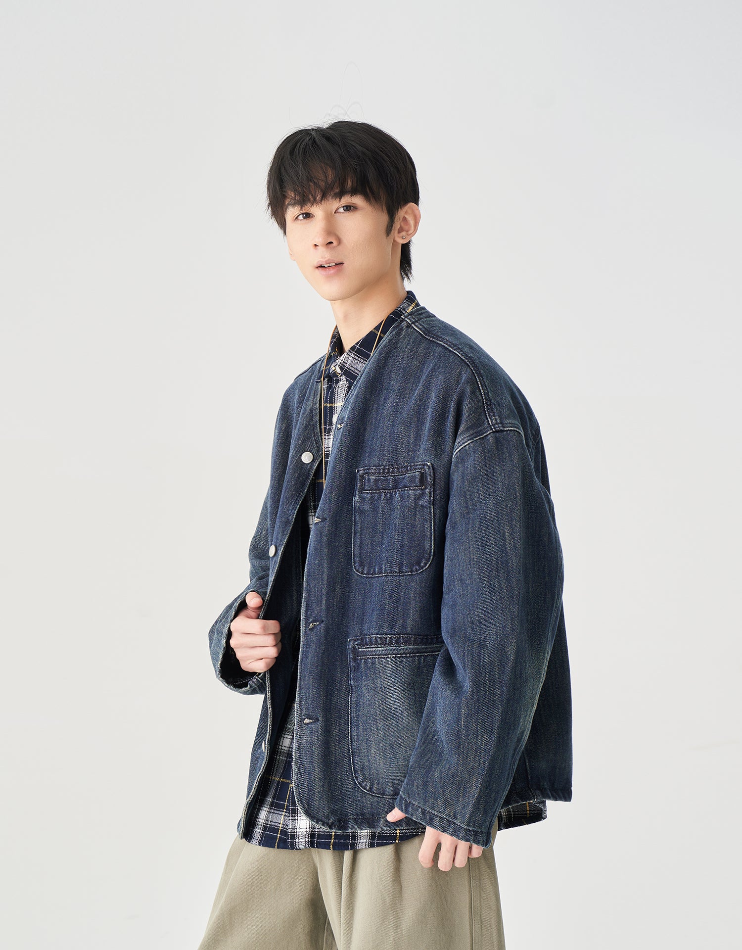 TopBasics Pockets Denim No Collar Jacket
